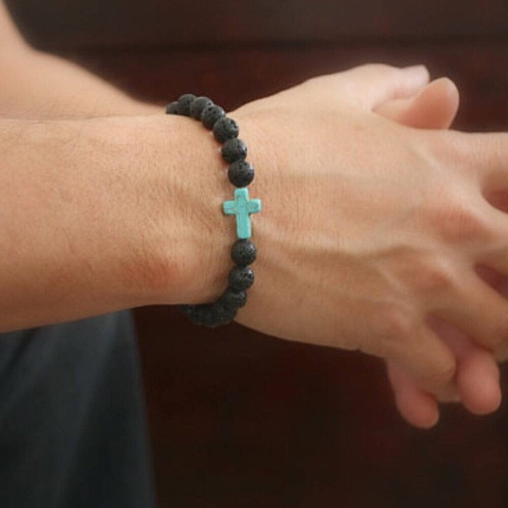Turquoise Cross Black Lava Stone Beaded Bracelet 8mm Beads - Size 8 Inches